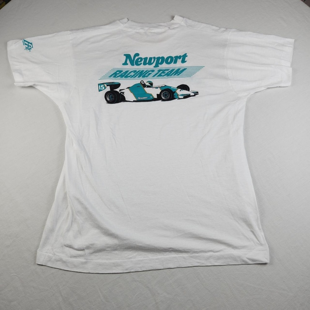 Vintage 80s Newport Racing Team White Graphic T-shirt Mens XL Indy Car 2-Sided